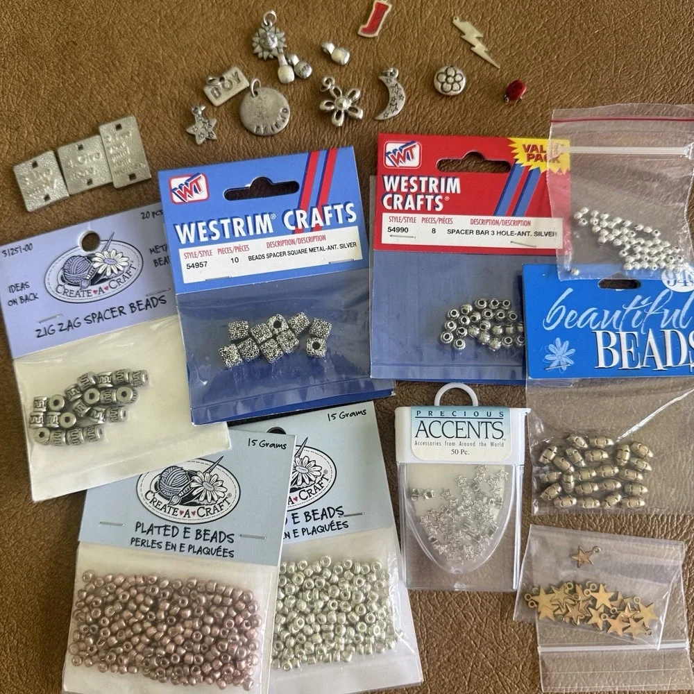 Vtg Silver Tone Spacer Beads Mixed Lot Metal Jewelry Making Craft Barrel Stars